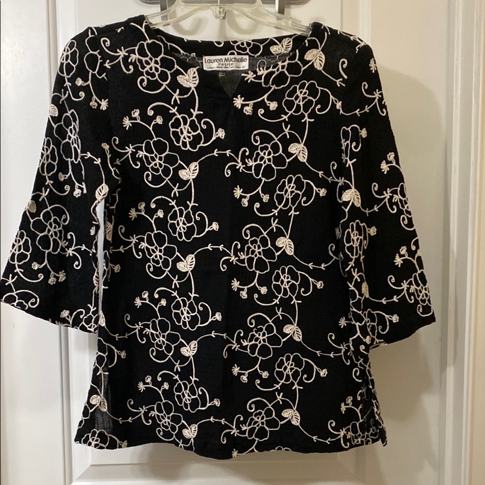 Lauren Michelle Black and White Embroidered Blouse with Flared Sleeves